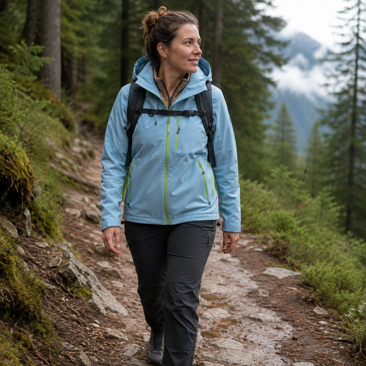 Femme portant une veste chaude et impermeable Passion Randonnee, vue de face.