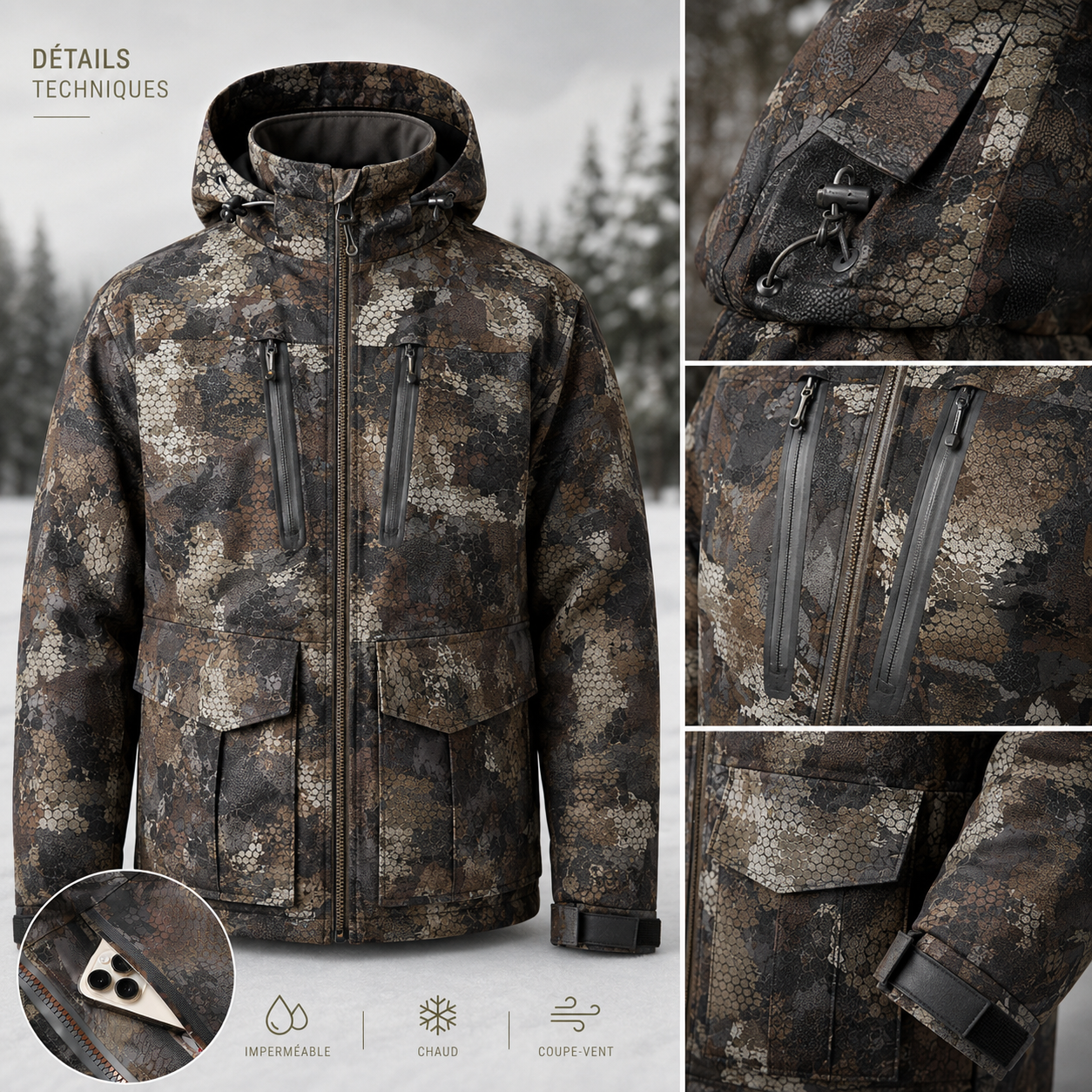 Detail de la capuche de la veste homme camouflage impermeable hiver Passion Randonnee.