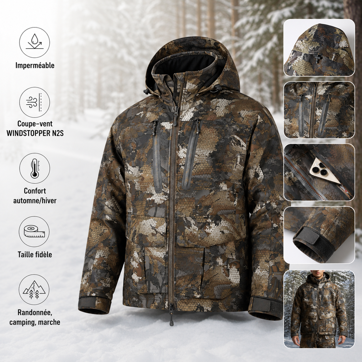 Veste camouflage impermeable hiver homme Passion Randonnee portee en exterieur, protection maximale.