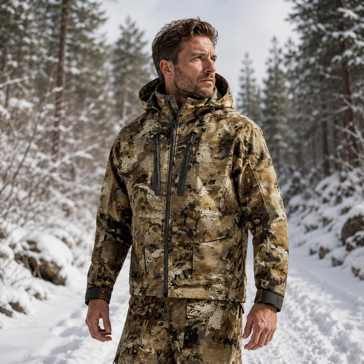 Profil de la veste homme camouflage impermeable hiver Passion Randonnee, coupe protectrice.