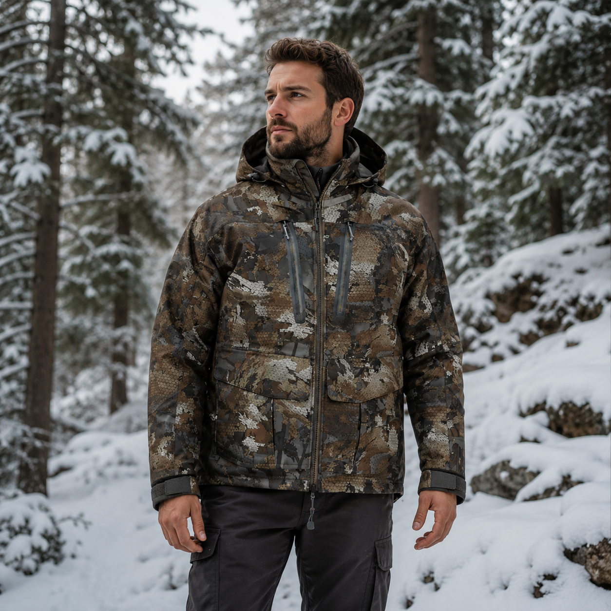 Homme portant une veste camouflage impermeable hiver Passion Randonnee, vue de face.