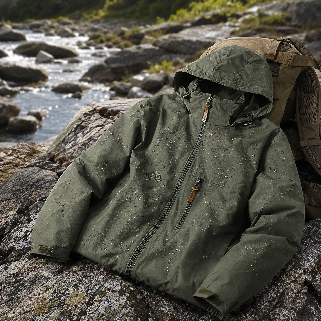 Veste coupe-vent homme Passion Randonnee portee sur un sentier de montagne, legere et protectrice.