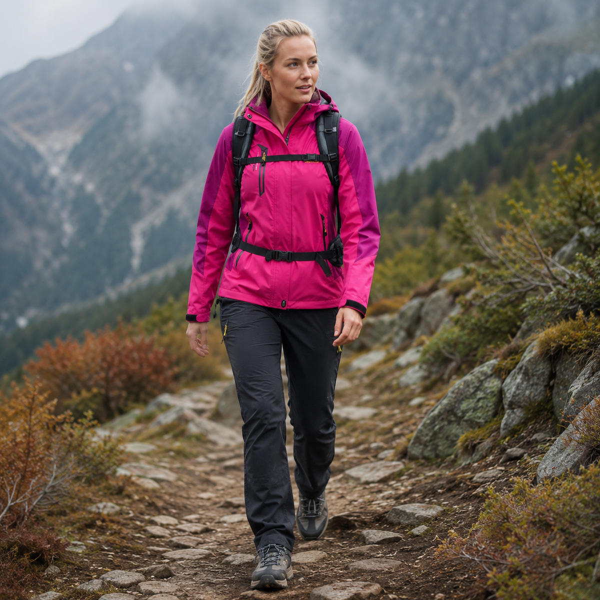 Femme portant une veste de randonnee aventure Passion Randonnee, vue de face.