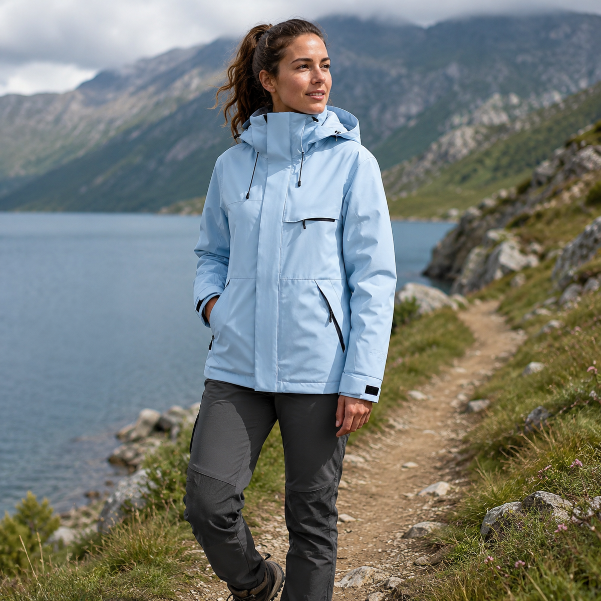 Profil de la veste randonnee femme impermeable Passion Randonnee, coupe ajustee.