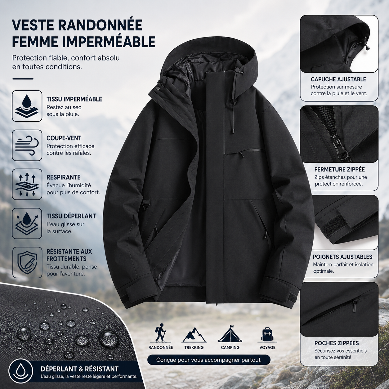 Vue de dos de la veste randonnee femme impermeable Passion Randonnee.