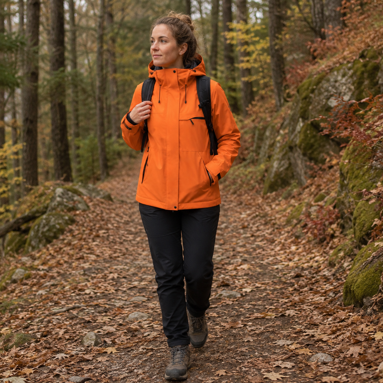 Femme portant une veste de randonnee impermeable Passion Randonnee, vue de face.