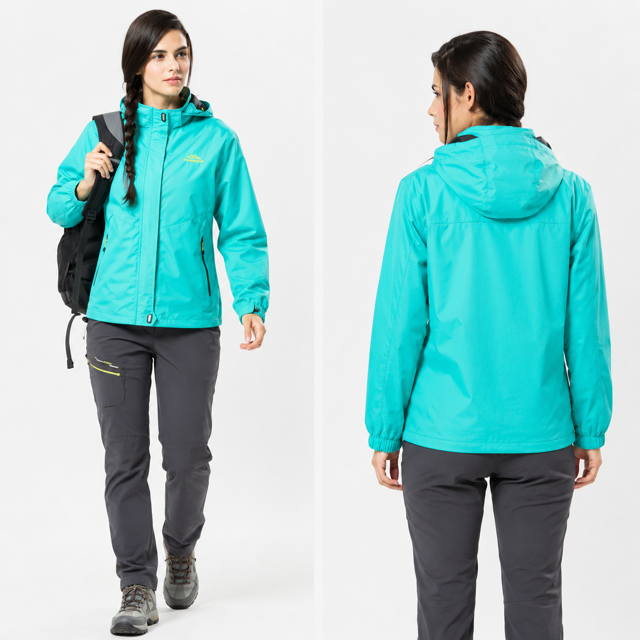 Veste randonnée femme portée en montagne, protection coupe-vent et légèreté