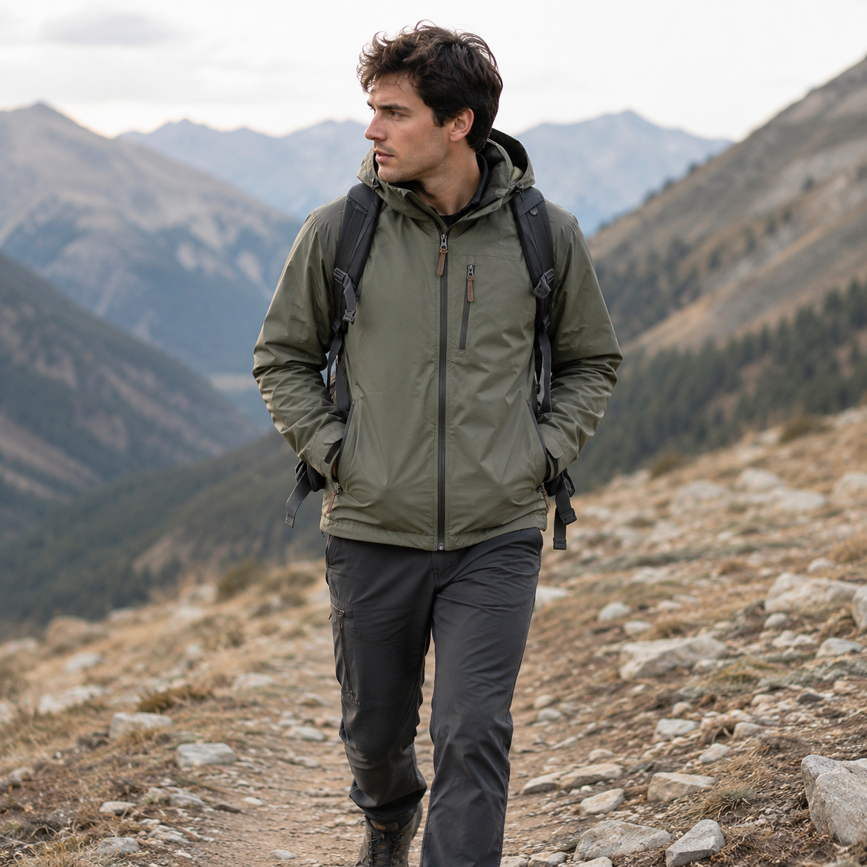 Homme portant une veste de randonnee coupe-vent Passion Randonnee, vue de face.