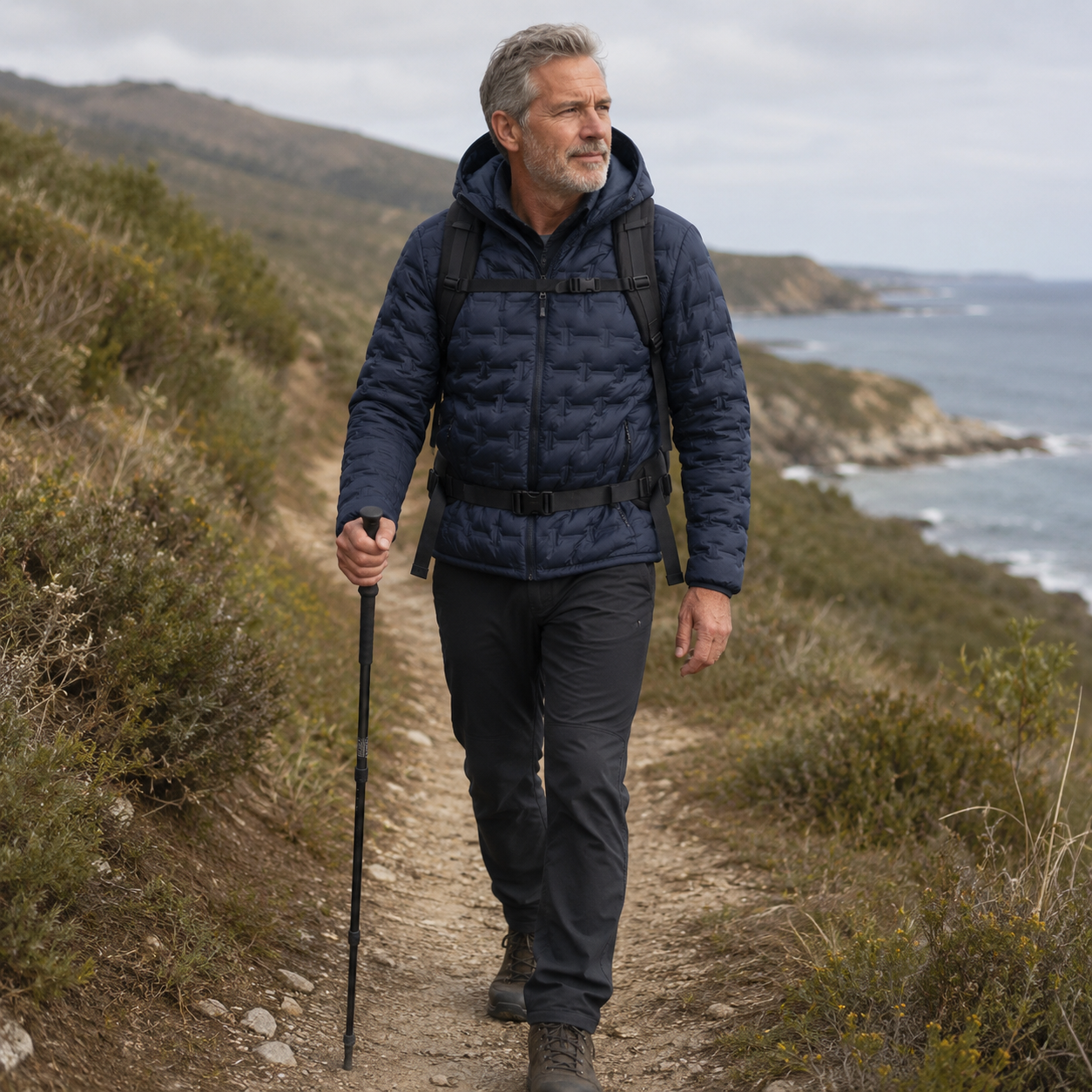 Vue de dos d'une veste de trekking homme chaude et coupe-vent Passion Randonnee.