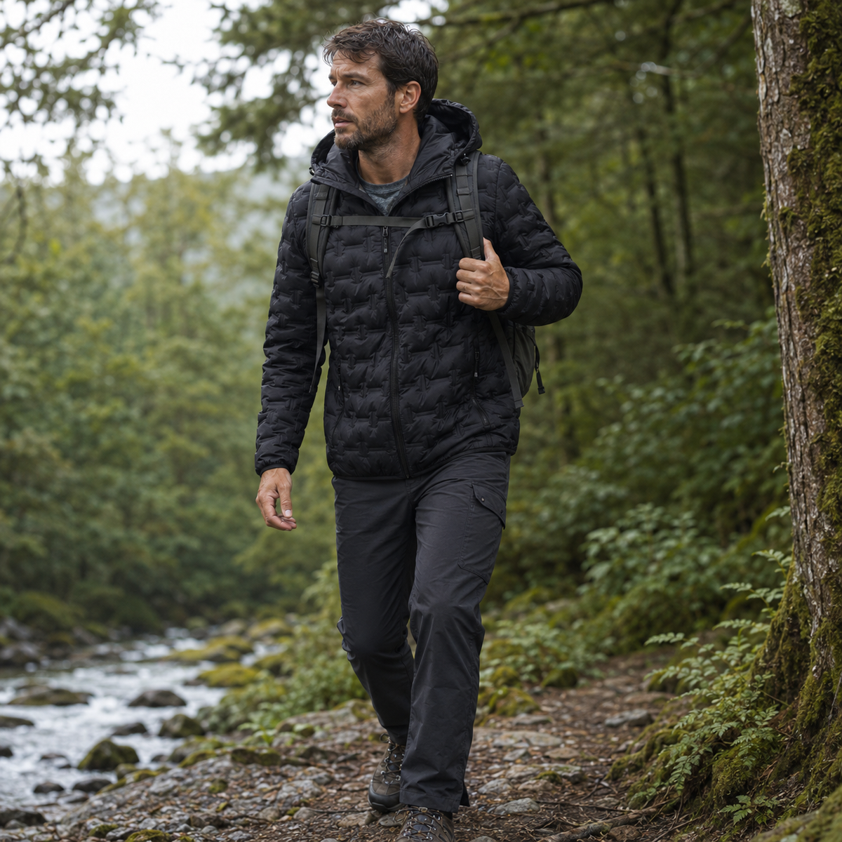 Homme portant une veste de trekking chaude a capuche Passion Randonnee, vue de face.