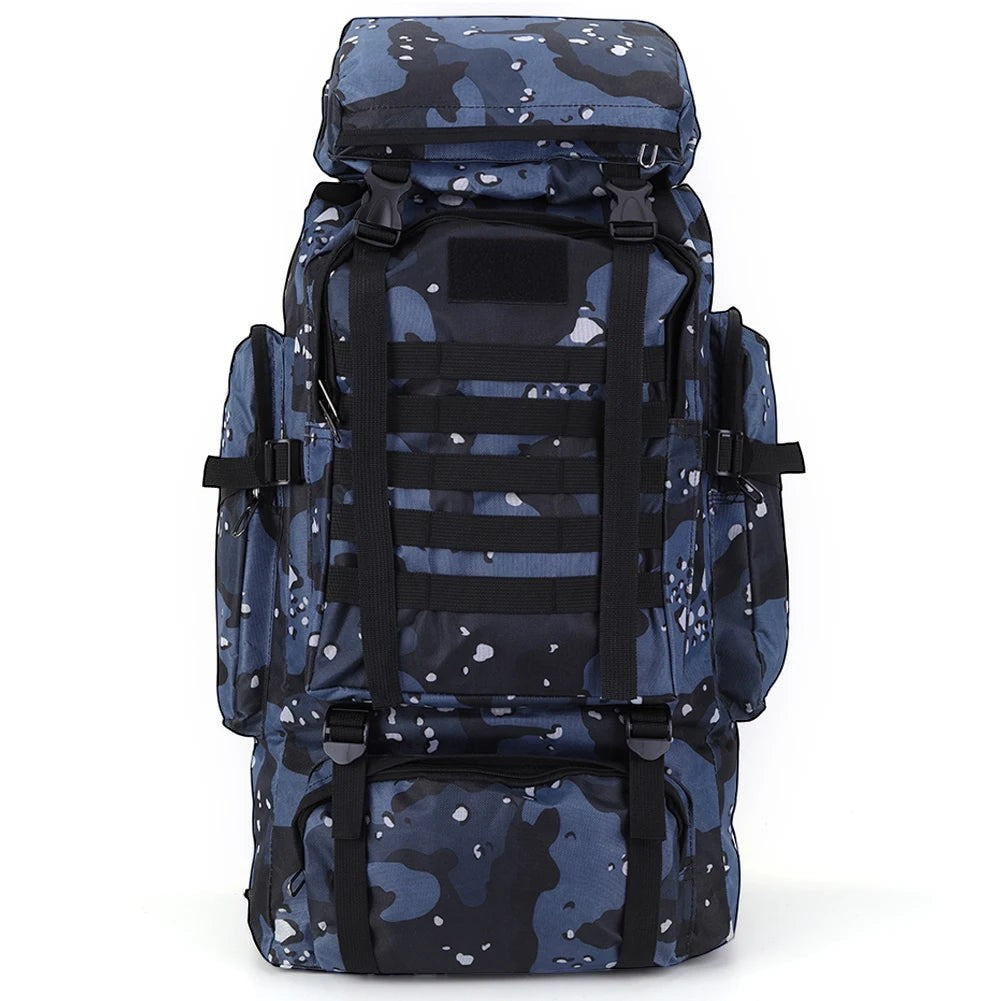Sac à dos de randonnée unisexe Passion Randonnée 80 L, bleu camouflage, en tissu 600D souple, doté de nombreuses sangles et poches.