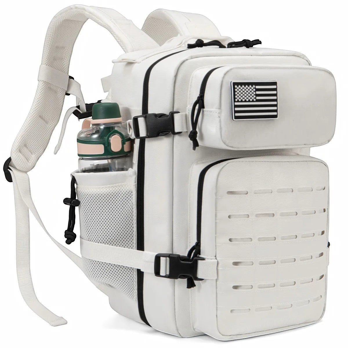 Sac à dos de randonnée blanc avec design moderne et pratique.