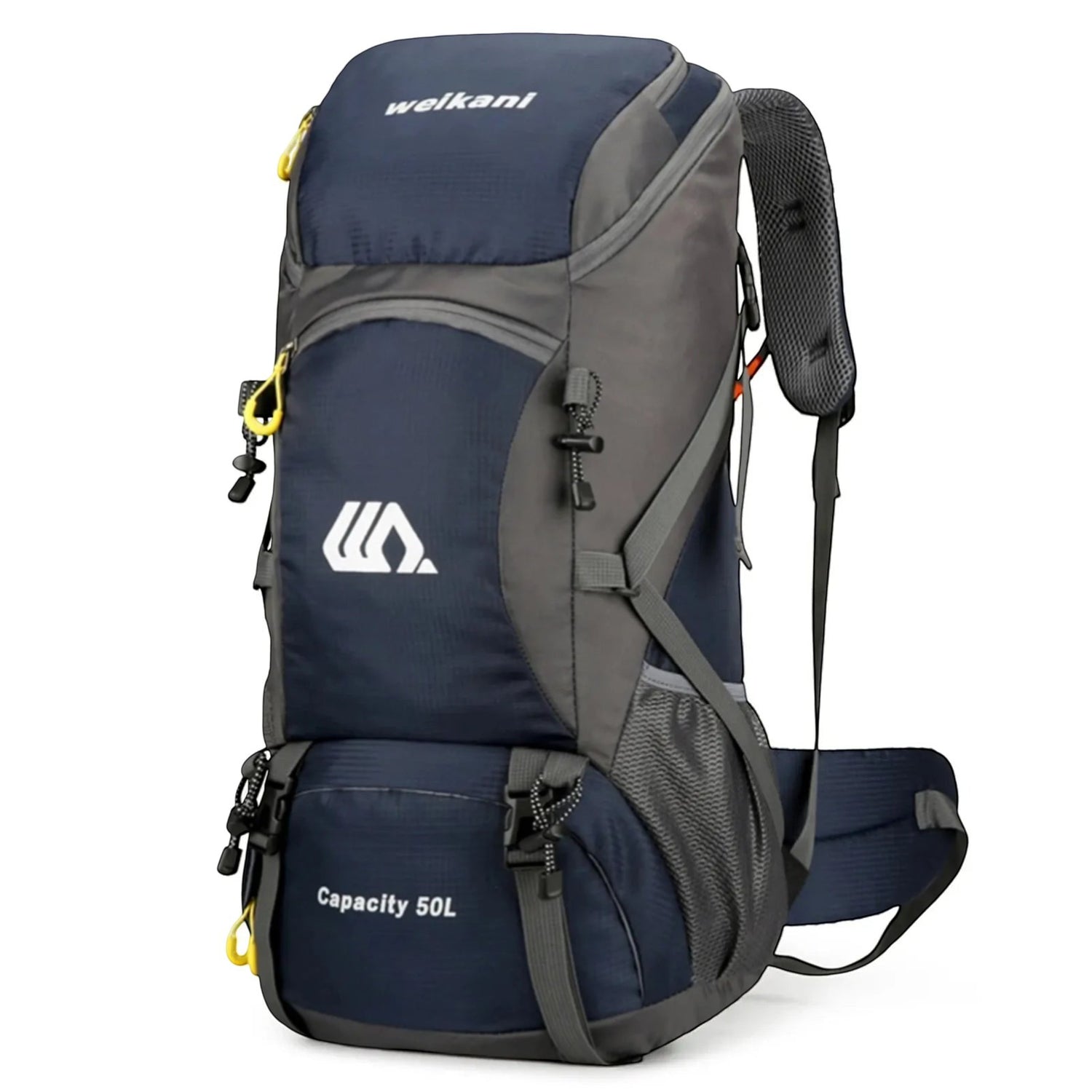 Sac à dos de randonnée bleu 50L avec bretelles confortables et compartiments multiples.