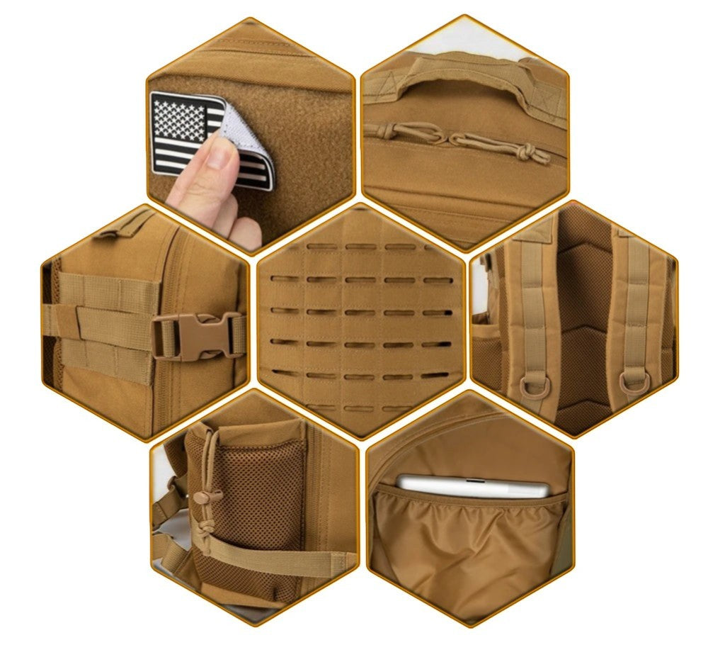 Détails du sac à dos de randonnée montrant les fonctionnalités et rangements pratiques.