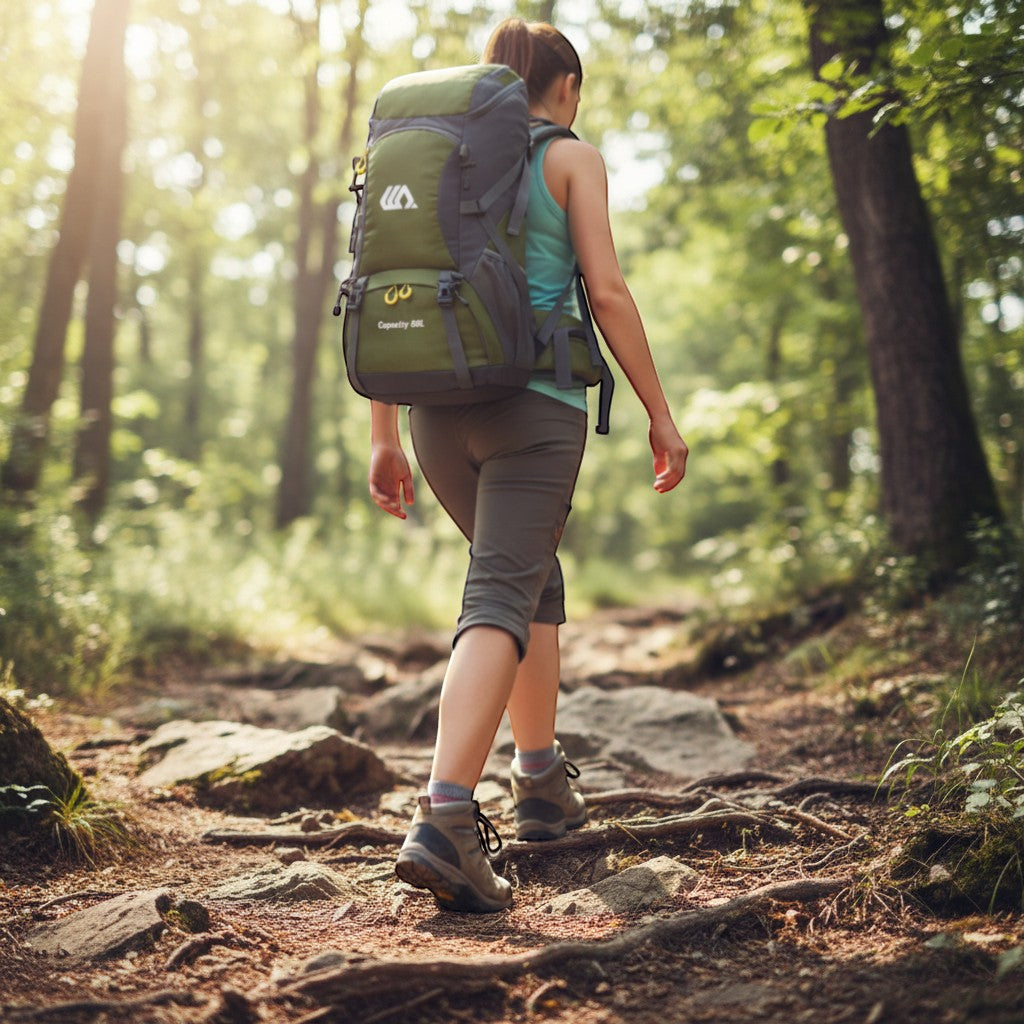 Sac à dos de randonnée porté par une femme en marche sur sentier forestier.