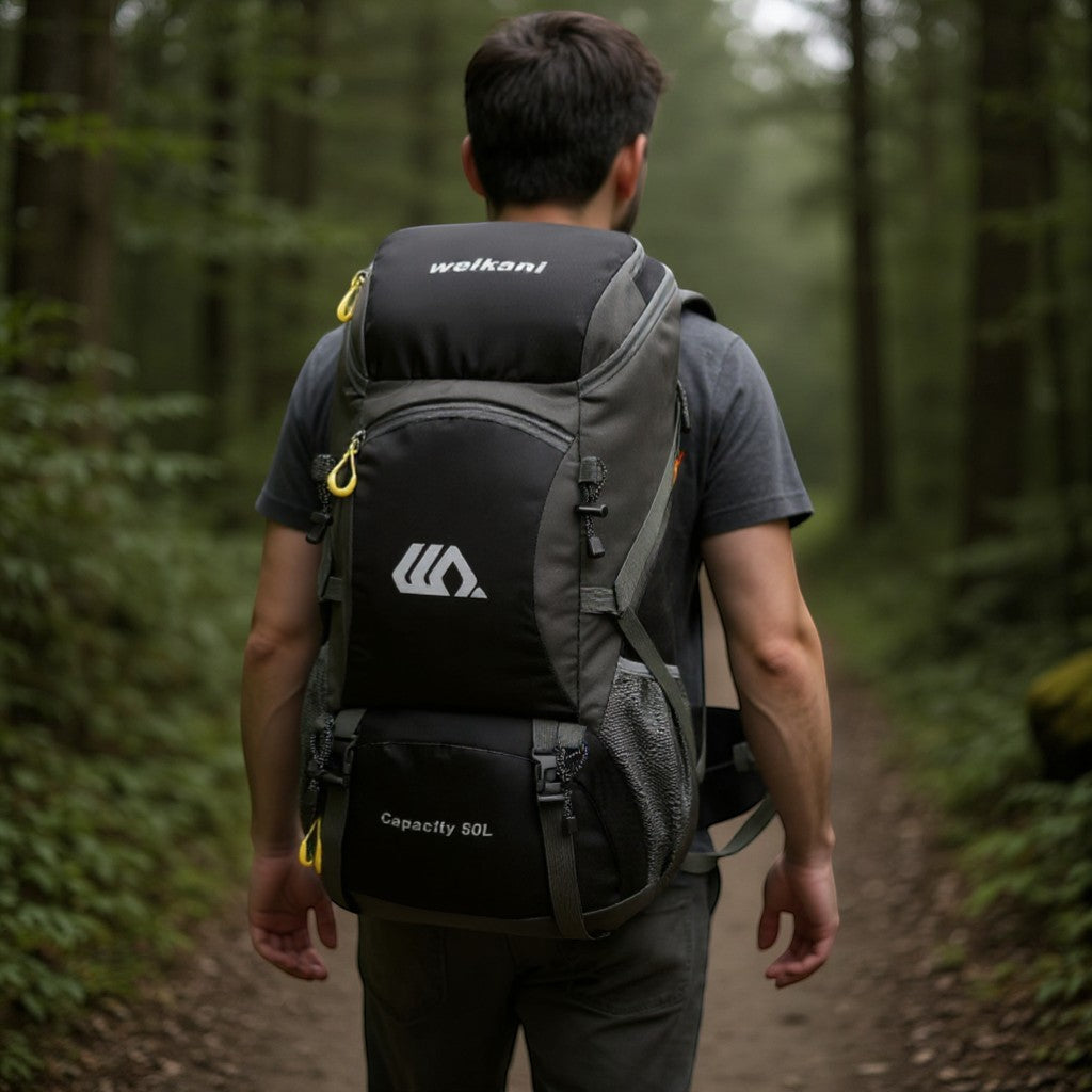 Sac à dos de randonnée porté par un homme en forêt avec bon maintien.