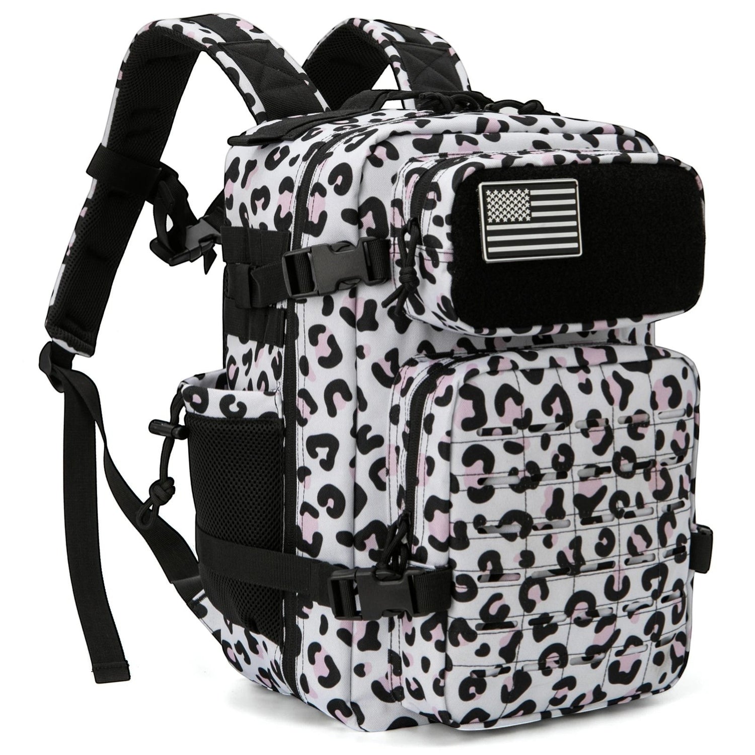 Sac à dos de randonnée noir et blanc à motif avec grande capacité de stockage.