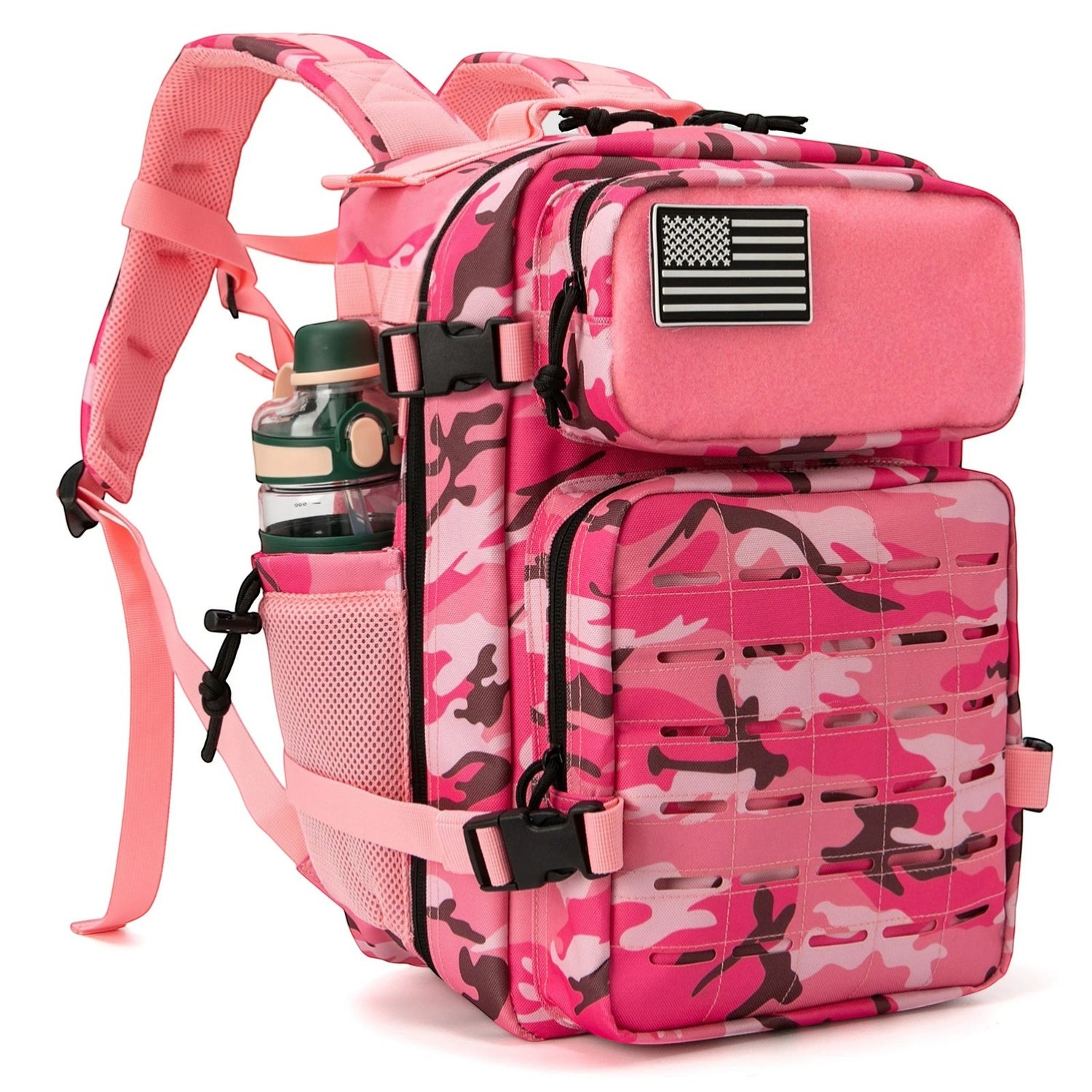 Sac à dos de randonnée rose camouflage avec grande capacité et poches latérales.