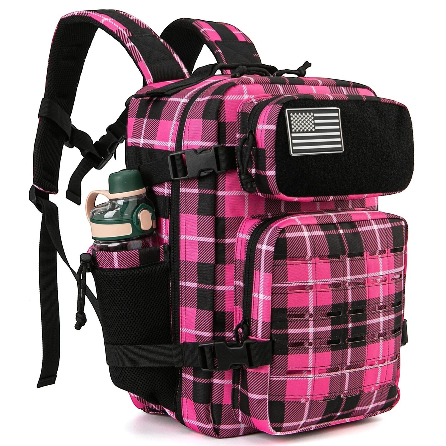 Sac à dos de randonnée rose à motifs carreaux avec compartiments pratiques.