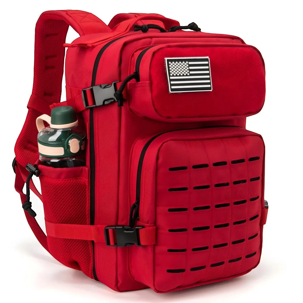 Sac à dos de randonnée rouge avec grande capacité de rangement.