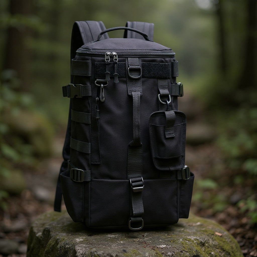 Sac à dos noir en situation en forêt conçu pour la randonnée avec Passion Randonnée.
